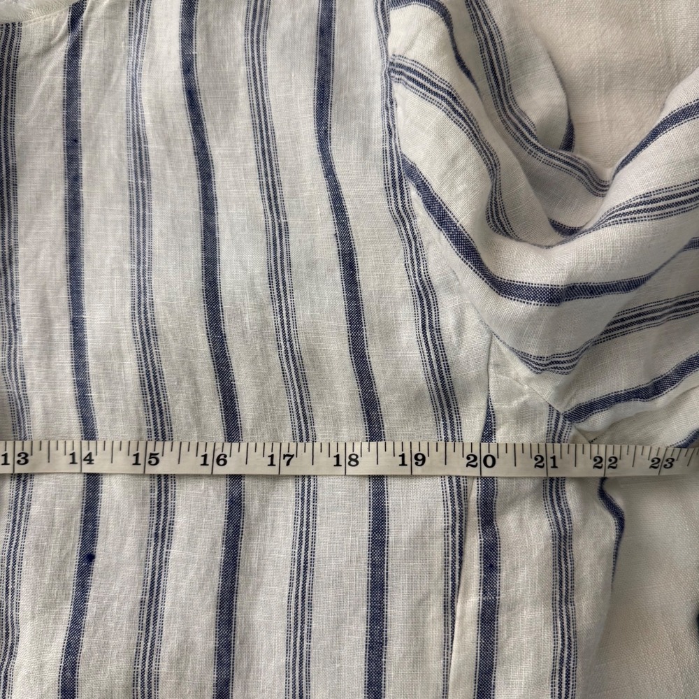 Chicos Blue White Striped‎ Linen Open Front Jacket Frayed Trim Size 2 US 12 - Picture 9 of 10